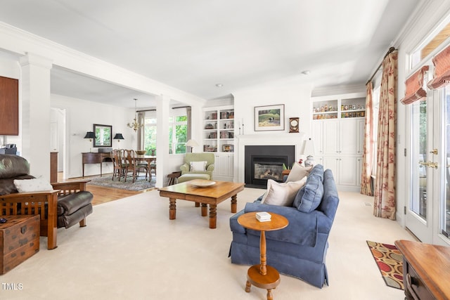 201 Weathervane Dr, Carrboro, NC 27510 - living room featuring a fireplace with flush hearth and built in features