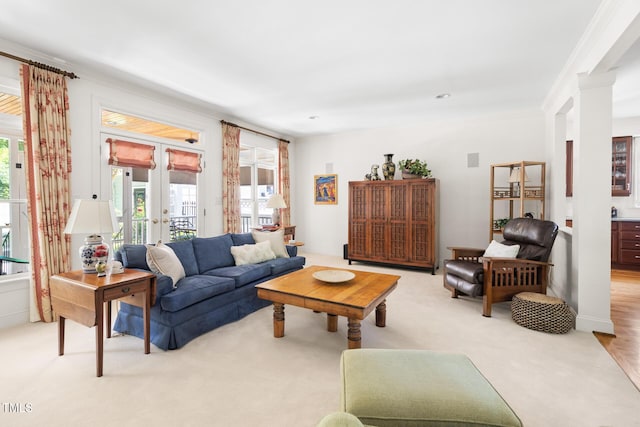 201 Weathervane Dr, Carrboro, NC 27510 - living room featuring french doors, light colored carpet, crown molding, and ornate columns