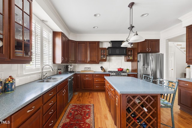 201 Weathervane Dr, Carrboro, NC 27510 - kitchen with appliances with stainless steel finishes, custom range hood, light wood-style flooring, a breakfast bar area, and ornamental molding