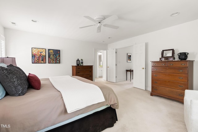 201 Weathervane Dr, Carrboro, NC 27510 - bedroom with light colored carpet, ceiling fan, ensuite bath, and recessed lighting