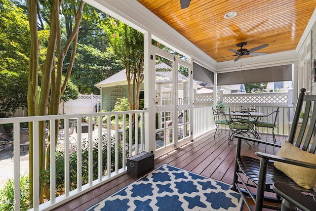 201 Weathervane Dr, Carrboro, NC 27510 - wooden deck featuring ceiling fan and outdoor dining space