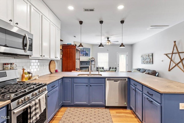 109 Covenant Rock Ln, Holly Springs, NC 27540 - kitchen with appliances with stainless steel finishes, a peninsula, blue cabinets, white cabinetry, and ceiling fan