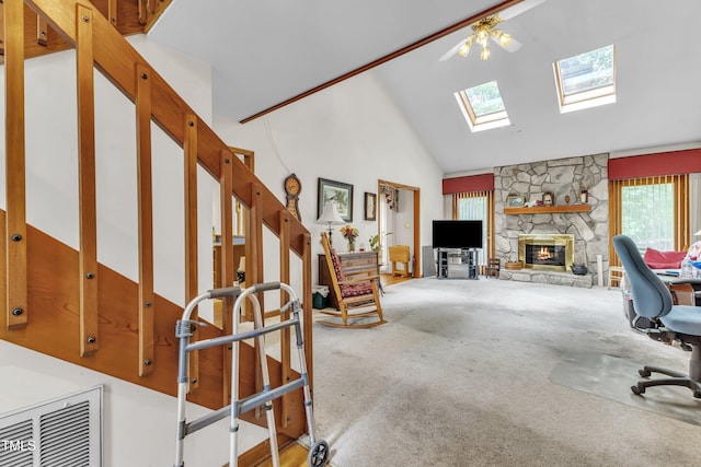128 Chris Ct, Garner, NC 27529 - office space featuring plenty of natural light, a fireplace, a skylight, carpet flooring, and high vaulted ceiling