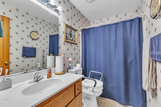 128 Chris Ct, Garner, NC 27529 - bathroom featuring wallpapered walls, vanity, a shower with curtain, and tile patterned floors