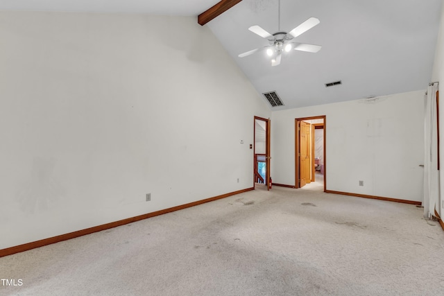 128 Chris Ct, Garner, NC 27529 - unfurnished bedroom featuring carpet floors, beam ceiling, high vaulted ceiling, and a ceiling fan