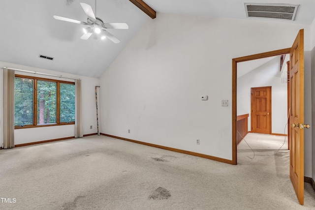 128 Chris Ct, Garner, NC 27529 - empty room with light colored carpet, beam ceiling, a ceiling fan, and high vaulted ceiling