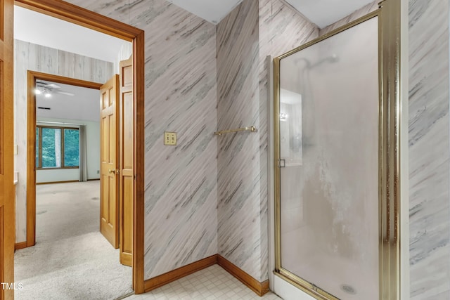 128 Chris Ct, Garner, NC 27529 - full bath featuring a stall shower and a ceiling fan