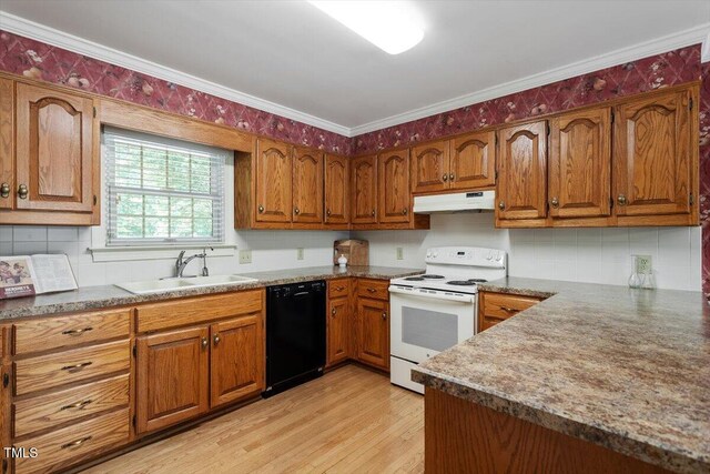 8704 Mill House Ln, Bahama, NC 27503 - kitchen featuring black dishwasher, white range with electric stovetop, under cabinet range hood, brown cabinets, and crown molding