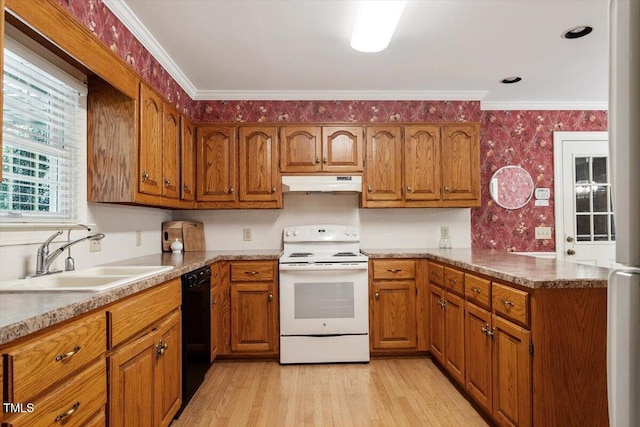 8704 Mill House Ln, Bahama, NC 27503 - kitchen with electric range, under cabinet range hood, black dishwasher, wallpapered walls, and brown cabinets