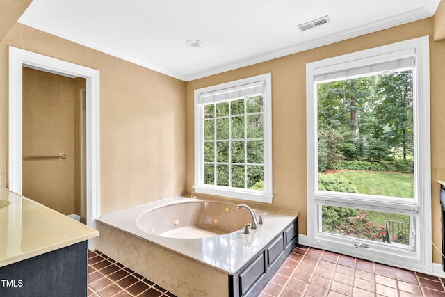 1820 Hunting Ridge Rd, Raleigh, NC 27615 - bathroom with plenty of natural light, a whirlpool tub, ornamental molding, and vanity