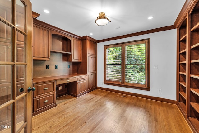 1820 Hunting Ridge Rd, Raleigh, NC 27615 - unfurnished office featuring light wood-type flooring, built in study area, ornamental molding, and recessed lighting