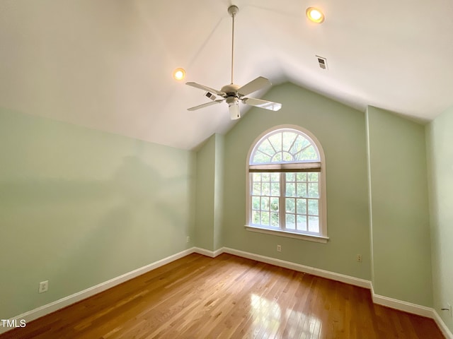 21 Covington Ln, Durham, NC 27712 - unfurnished room with ceiling fan, wood finished floors, vaulted ceiling, and recessed lighting