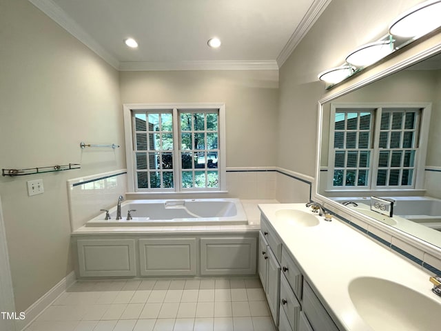 21 Covington Ln, Durham, NC 27712 - full bath with a bath, double vanity, tile patterned flooring, ornamental molding, and recessed lighting