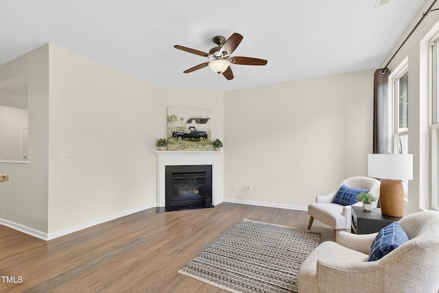4520 Middletown Dr, Wake Forest, NC 27587 - living room with wood finished floors, a ceiling fan, and a fireplace with flush hearth