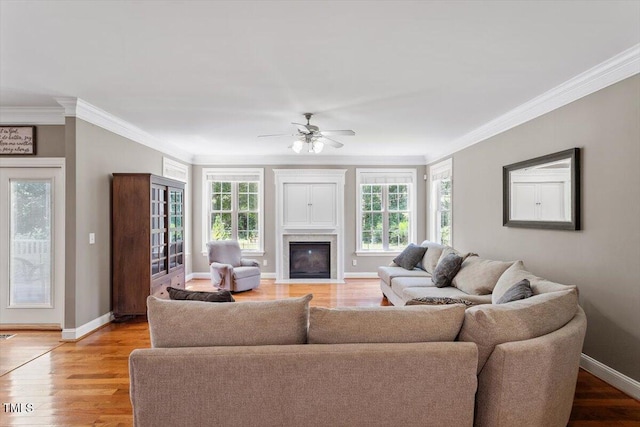 7804 Percussion Dr, Apex, NC 27539 - living room with crown molding, a fireplace with flush hearth, ceiling fan, and light wood finished floors