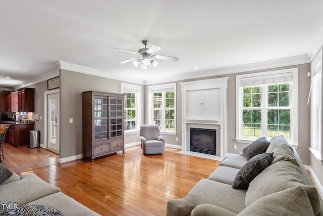 7804 Percussion Dr, Apex, NC 27539 - living area with healthy amount of natural light, a fireplace with flush hearth, ornamental molding, light wood-style floors, and a ceiling fan