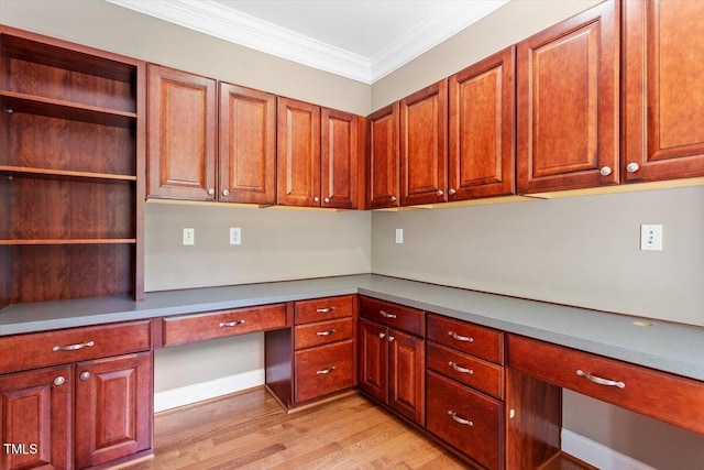 7804 Percussion Dr, Apex, NC 27539 - unfurnished office with built in study area, light wood finished floors, and crown molding