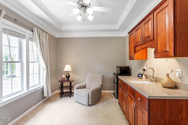 7804 Percussion Dr, Apex, NC 27539 - living area with light colored carpet, ceiling fan, a raised ceiling, and ornamental molding