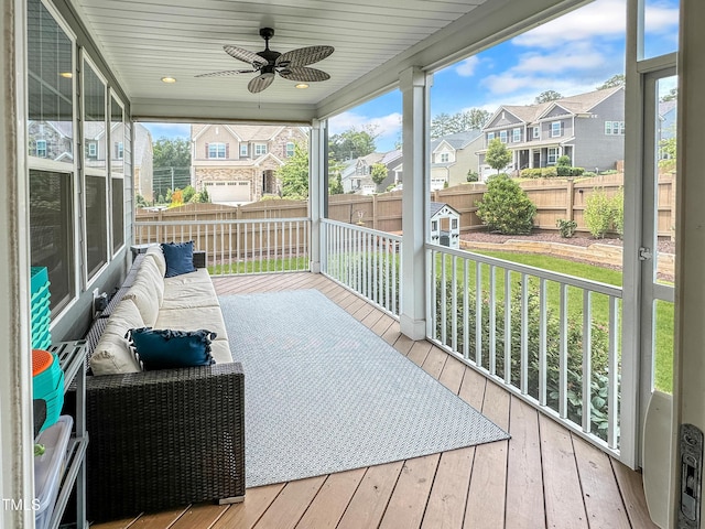 2438 Braxton Wood Ln, Apex, NC 27523 - wooden deck with a residential view, a fenced backyard, and a ceiling fan