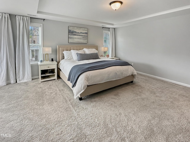 2438 Braxton Wood Ln, Apex, NC 27523 - bedroom featuring multiple windows, a tray ceiling, and carpet floors