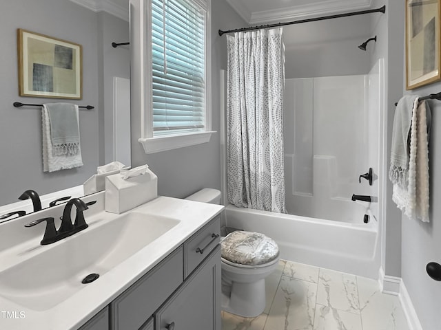2438 Braxton Wood Ln, Apex, NC 27523 - full bath with vanity, crown molding, shower / tub combo, and marble finish flooring