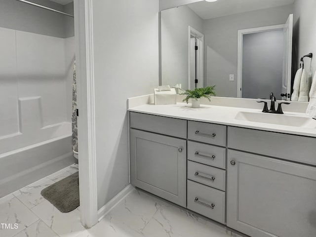 2438 Braxton Wood Ln, Apex, NC 27523 - bathroom with marble finish floors, double vanity, and  shower combination