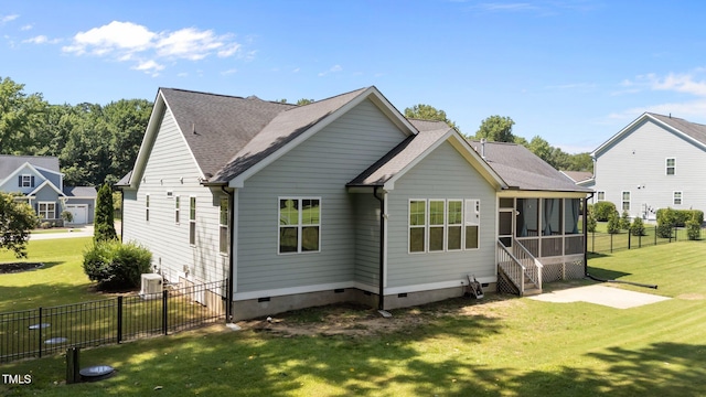 4125 Olde Judd Dr, Willow Springs, NC 27592 - rear view of house featuring crawl space, a sunroom, a fenced backyard, and roof with shingles