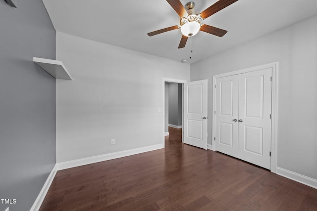 4125 Olde Judd Dr, Willow Springs, NC 27592 - unfurnished bedroom with dark wood-style floors, a closet, and ceiling fan