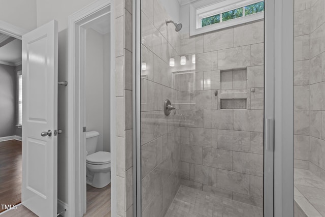 4125 Olde Judd Dr, Willow Springs, NC 27592 - full bath with a shower stall, ornamental molding, and wood finished floors