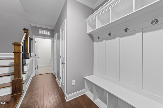 4125 Olde Judd Dr, Willow Springs, NC 27592 - mudroom with crown molding and dark wood-style floors
