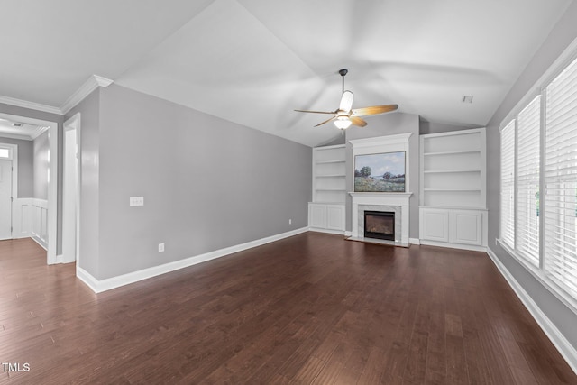4125 Olde Judd Dr, Willow Springs, NC 27592 - unfurnished living room featuring a ceiling fan, built in shelves, plenty of natural light, a high end fireplace, and vaulted ceiling