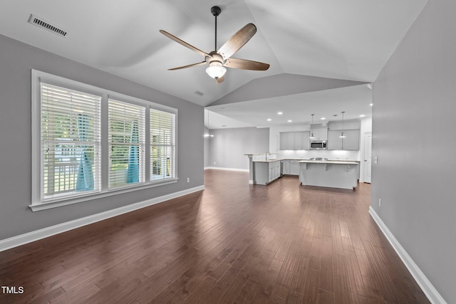 4125 Olde Judd Dr, Willow Springs, NC 27592 - unfurnished living room with a ceiling fan, lofted ceiling, dark wood-type flooring, and recessed lighting