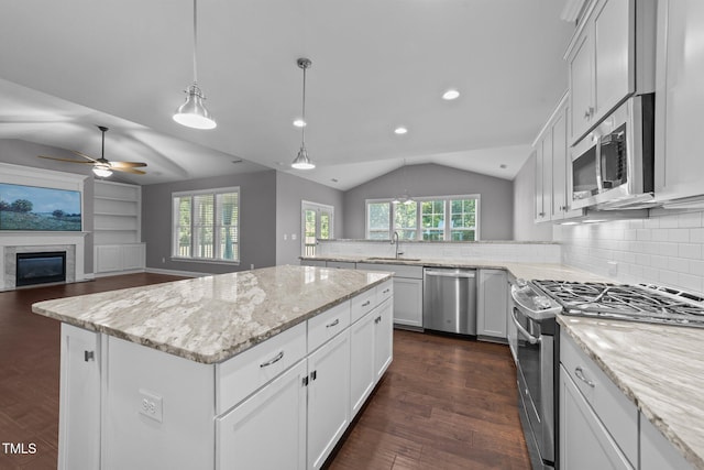 4125 Olde Judd Dr, Willow Springs, NC 27592 - kitchen with stainless steel appliances, vaulted ceiling, a center island, a ceiling fan, and a glass covered fireplace