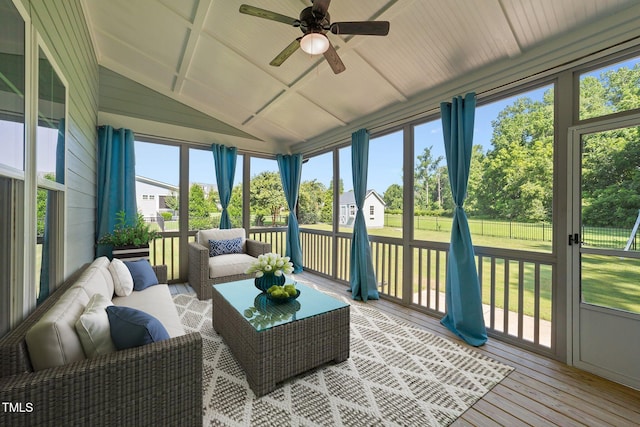4125 Olde Judd Dr, Willow Springs, NC 27592 - sunroom with a ceiling fan, lofted ceiling, healthy amount of natural light, and an outdoor hangout area