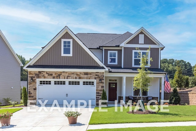 173 Old Fashioned Way, Lillington, NC 27546 - craftsman-style house featuring board and batten siding, a front lawn, a porch, concrete driveway, and stone siding