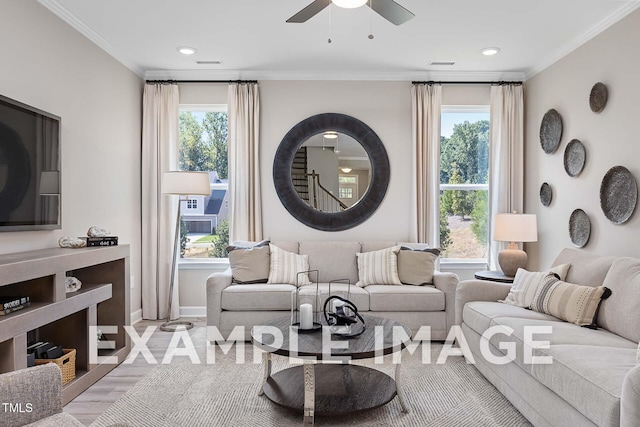 173 Old Fashioned Way, Lillington, NC 27546 - living room featuring ceiling fan, crown molding, and recessed lighting