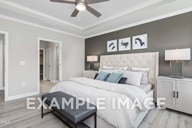 173 Old Fashioned Way, Lillington, NC 27546 - bedroom with light wood finished floors, a raised ceiling, ornamental molding, a ceiling fan, and ensuite bath