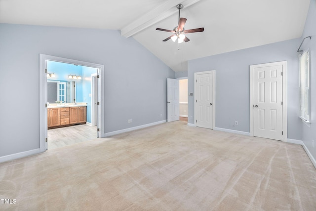 1010 Oakgrove Dr, Knightdale, NC 27545 - unfurnished bedroom featuring light carpet, multiple closets, ensuite bath, and a ceiling fan