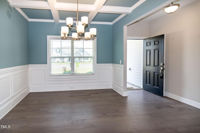 3206 Dandelion Dr, Grimesland, NC 27837 - unfurnished dining area with a chandelier, coffered ceiling, beam ceiling, wainscoting, and dark wood-style flooring