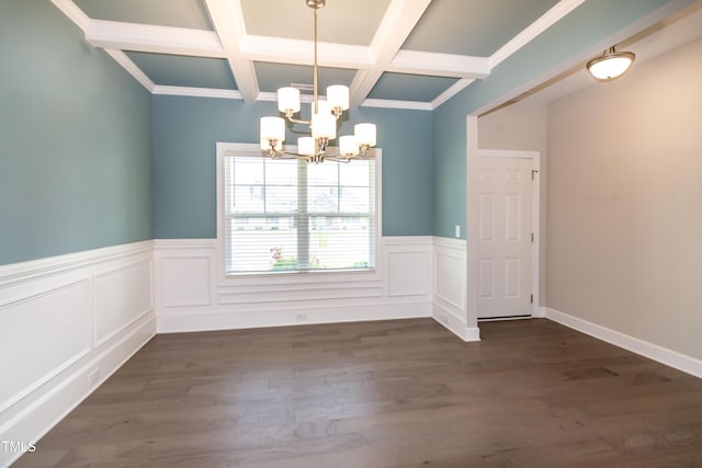 3206 Dandelion Dr, Grimesland, NC 27837 - unfurnished dining area with a chandelier, coffered ceiling, beamed ceiling, wainscoting, and dark wood finished floors