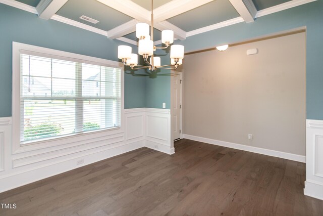 3206 Dandelion Dr, Grimesland, NC 27837 - unfurnished dining area with a chandelier, coffered ceiling, beamed ceiling, dark wood-style floors, and a wainscoted wall