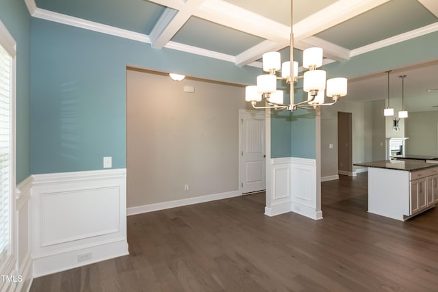 3206 Dandelion Dr, Grimesland, NC 27837 - unfurnished dining area featuring coffered ceiling, a chandelier, a wainscoted wall, beam ceiling, and dark wood-style floors