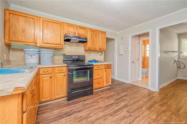 3211 Blossom Rd, Fayetteville, NC 28306 - kitchen featuring electric range, under cabinet range hood, light wood-type flooring, light countertops, and a textured ceiling