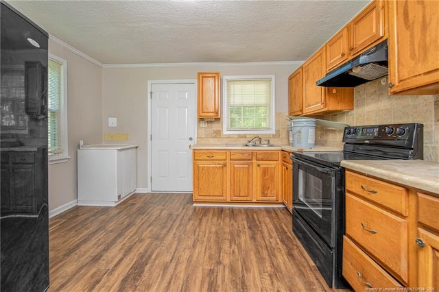 3211 Blossom Rd, Fayetteville, NC 28306 - kitchen featuring electric range, under cabinet range hood, dark wood-style flooring, ornamental molding, and light countertops