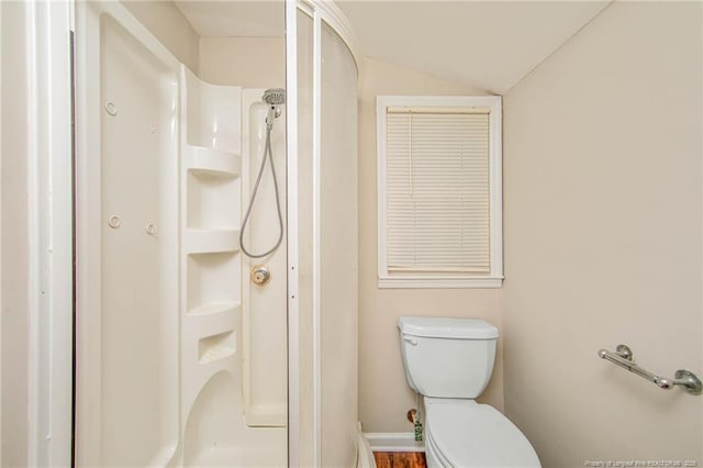 3211 Blossom Rd, Fayetteville, NC 28306 - bathroom with a stall shower and vaulted ceiling