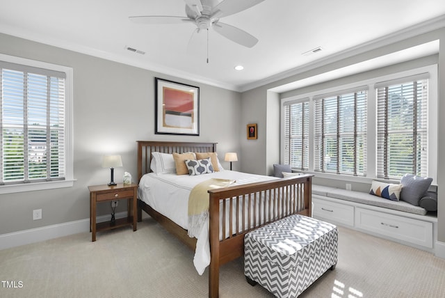 2153 Princeville Dr, Apex, NC 27523 - bedroom featuring light colored carpet, crown molding, a ceiling fan, and recessed lighting