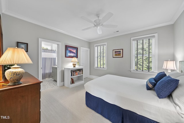 2153 Princeville Dr, Apex, NC 27523 - carpeted bedroom featuring ornamental molding, ensuite bathroom, and a ceiling fan