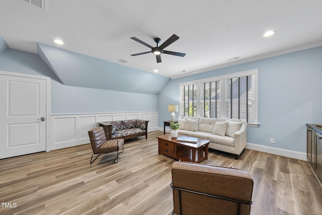 2153 Princeville Dr, Apex, NC 27523 - living room featuring a ceiling fan, lofted ceiling, light wood finished floors, and recessed lighting