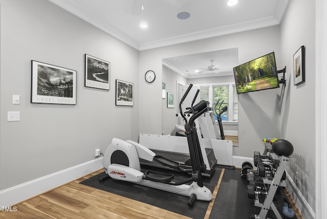 2153 Princeville Dr, Apex, NC 27523 - exercise area featuring recessed lighting, ornamental molding, ceiling fan, and wood finished floors