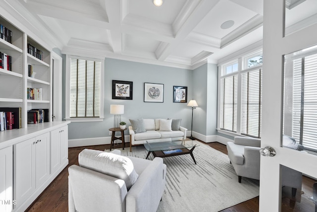 2153 Princeville Dr, Apex, NC 27523 - living room with dark wood-style flooring, ornamental molding, beamed ceiling, and coffered ceiling